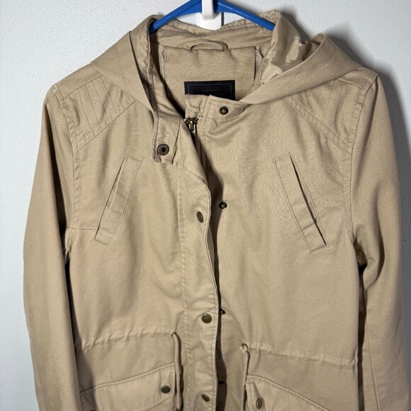 Miss London Black Label Womens Utility Jacket Medium Tan Hooded Chinch Waist - Picture 3 of 12